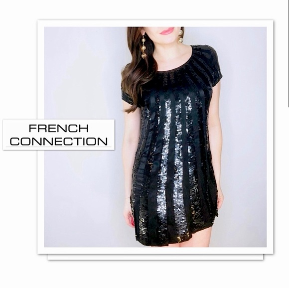 French Connection FCUK Black Sequin Shift Dress - Size 4 - Picture 1 of 7